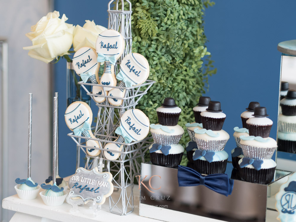 little man dessert table cupcakes and cookies