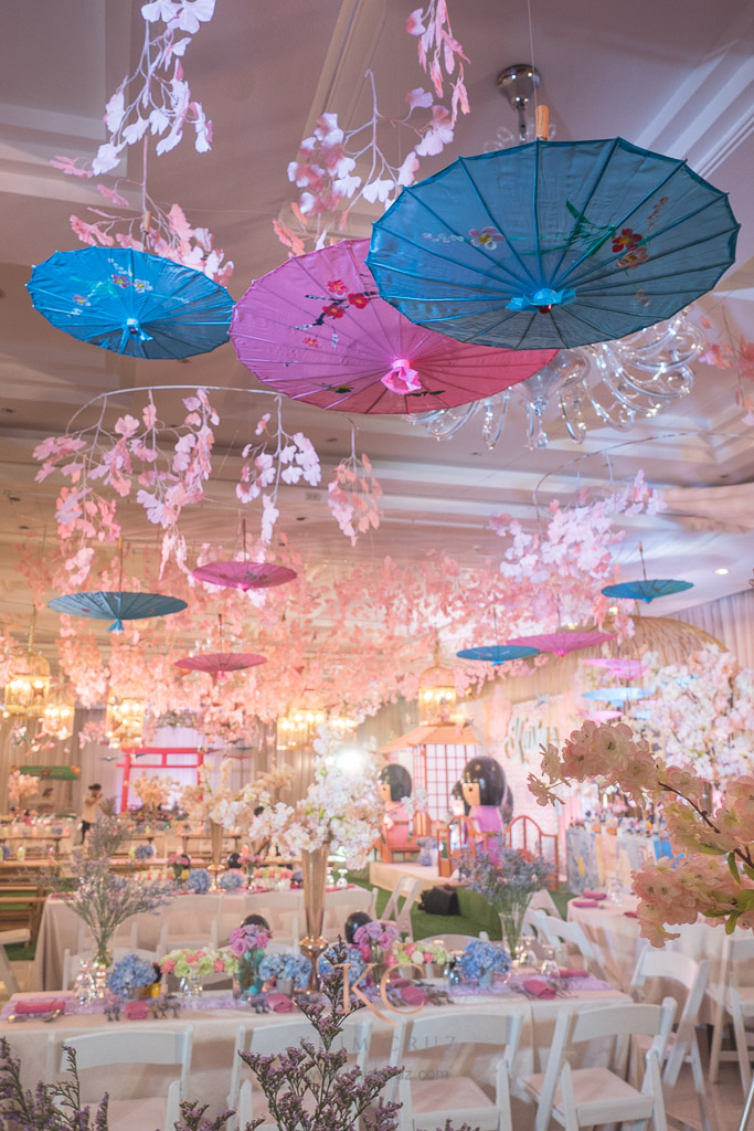 kokeshi dolls sakura cherry blossom dessert ceiling decor design birthday setup by Khim Cruz