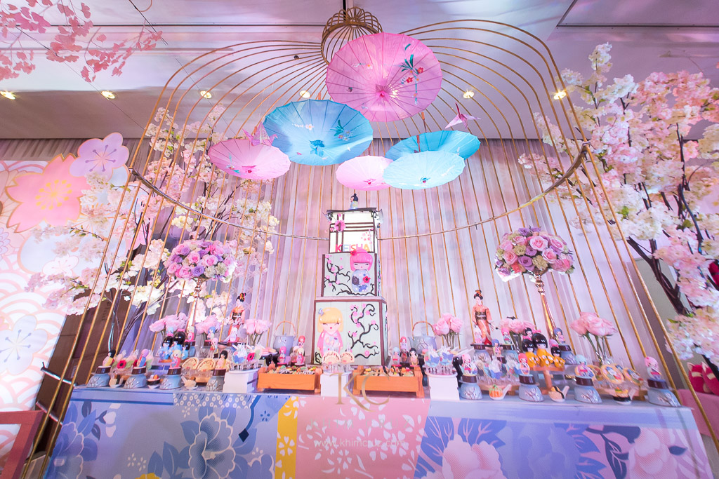 kokeshi dolls sakura cherry blossom dessert table design birthday setup by Khim Cruz