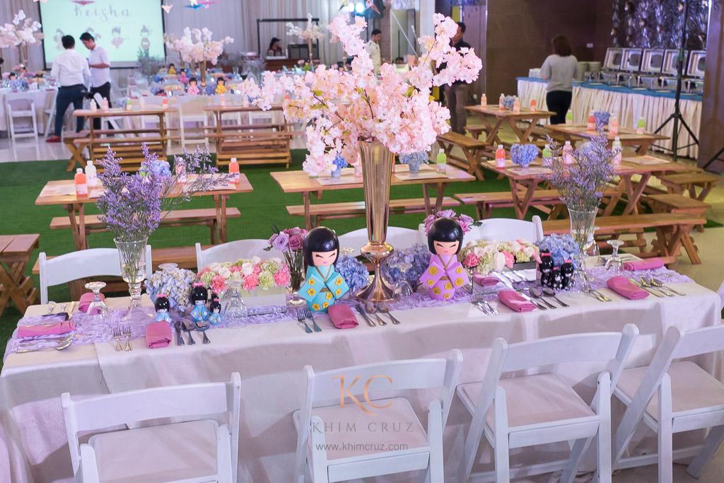 kokeshi dolls sakura cherry blossom guest table design birthday setup by Khim Cruz