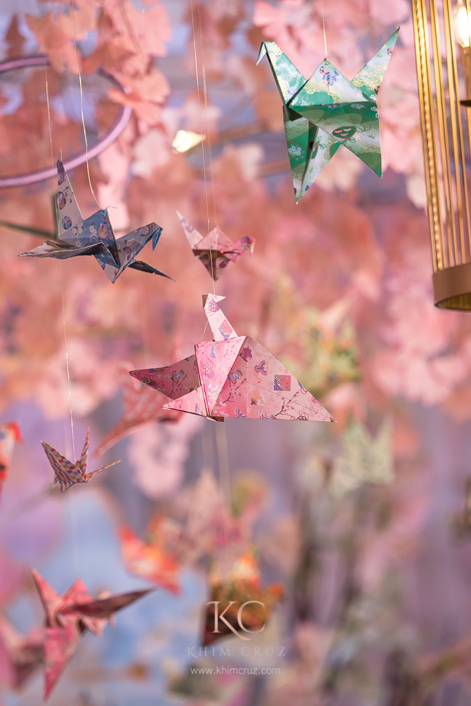 kokeshi dolls sakura cherry blossom paper crane celing design birthday setup by Khim Cruz