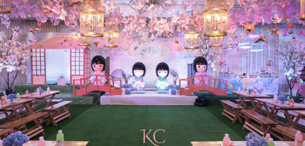 kokeshi dolls sakura cherry blossom stage design birthday setup by Khim Cruz