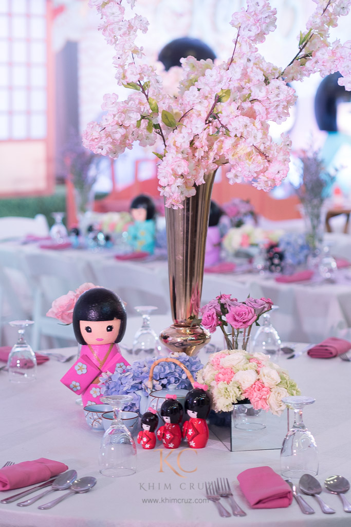 kokeshi dolls sakura cherry blossom table centerpiece design birthday setup by Khim Cruz