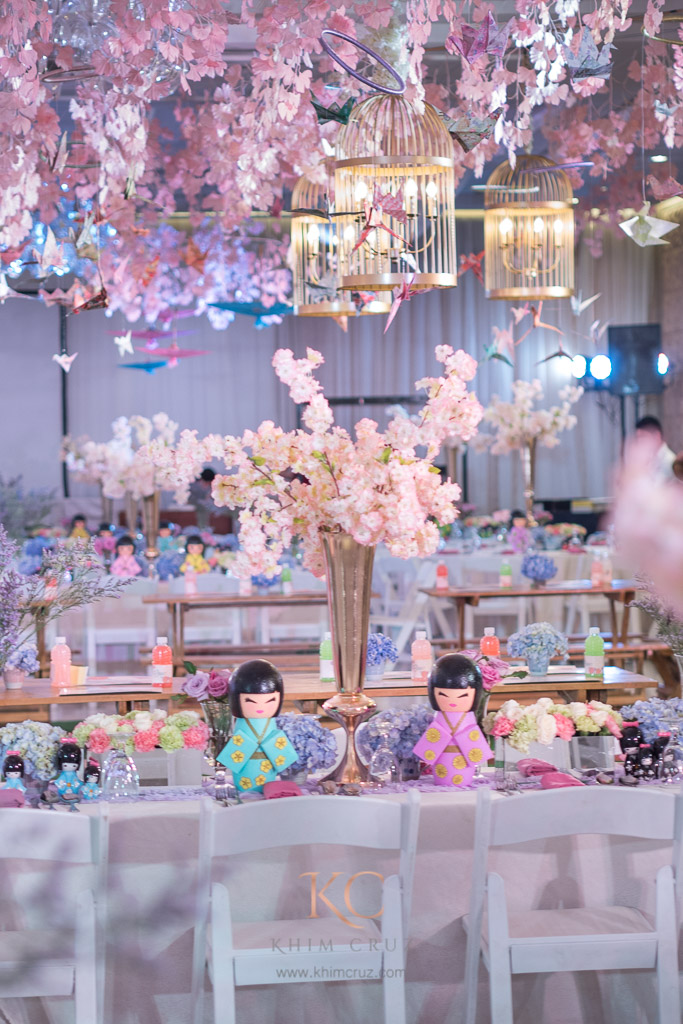 kokeshi dolls sakura cherry blossom table for guests centerpiece design birthday setup by Khim Cruz