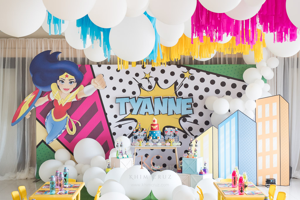 wonder woman superhero girls themed birthday party dessert table decor by Khim Cruz