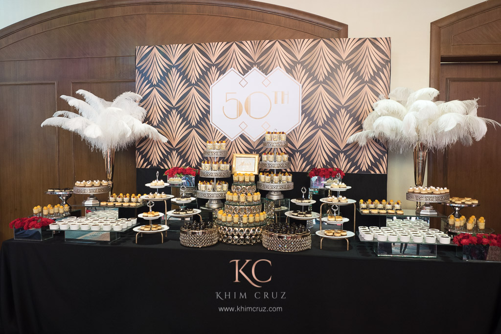 Great Gatsby theme dessert table setup floral design by Khim Cruz