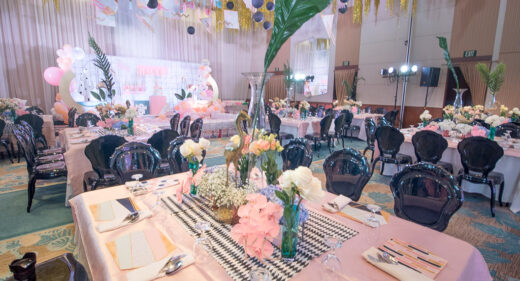 memphis theme guest table floral design tablescape by Khim Cruz
