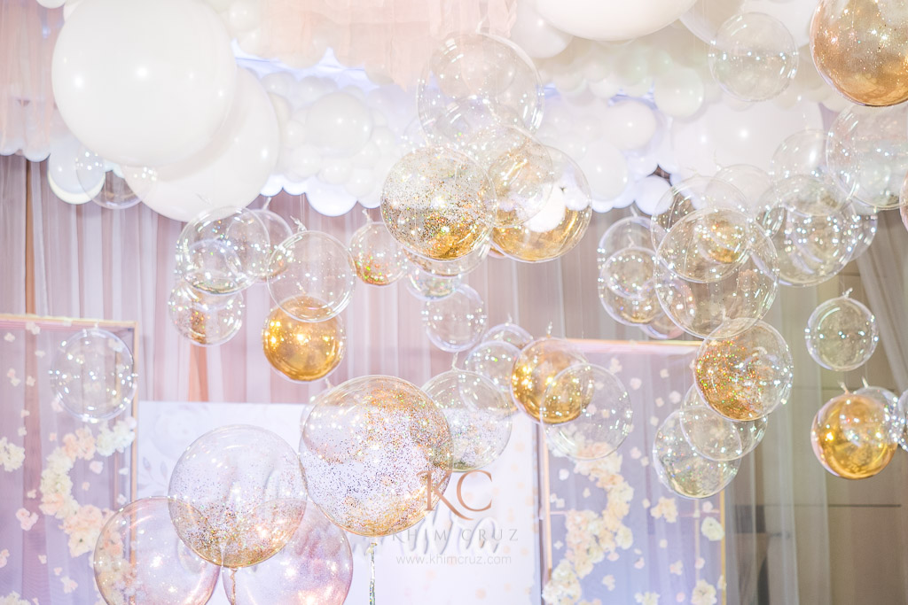 bubble themed birthday party ceiling decor