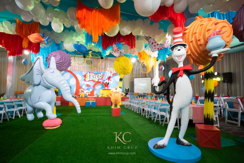 dr. seuss seussville themed birthday 3D party decor cat in the cat horton lorax styled by Khim Cruz