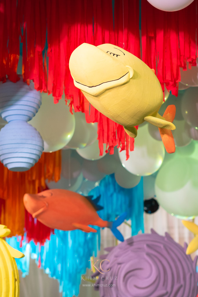 dr. seuss seussville themed birthday party one fish two fish ceiling decor styled by Khim Cruz