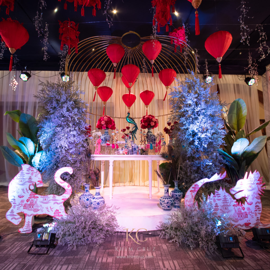 traditional chinese theme dessert table with blue and white ginger jar styled by Khim Cruz