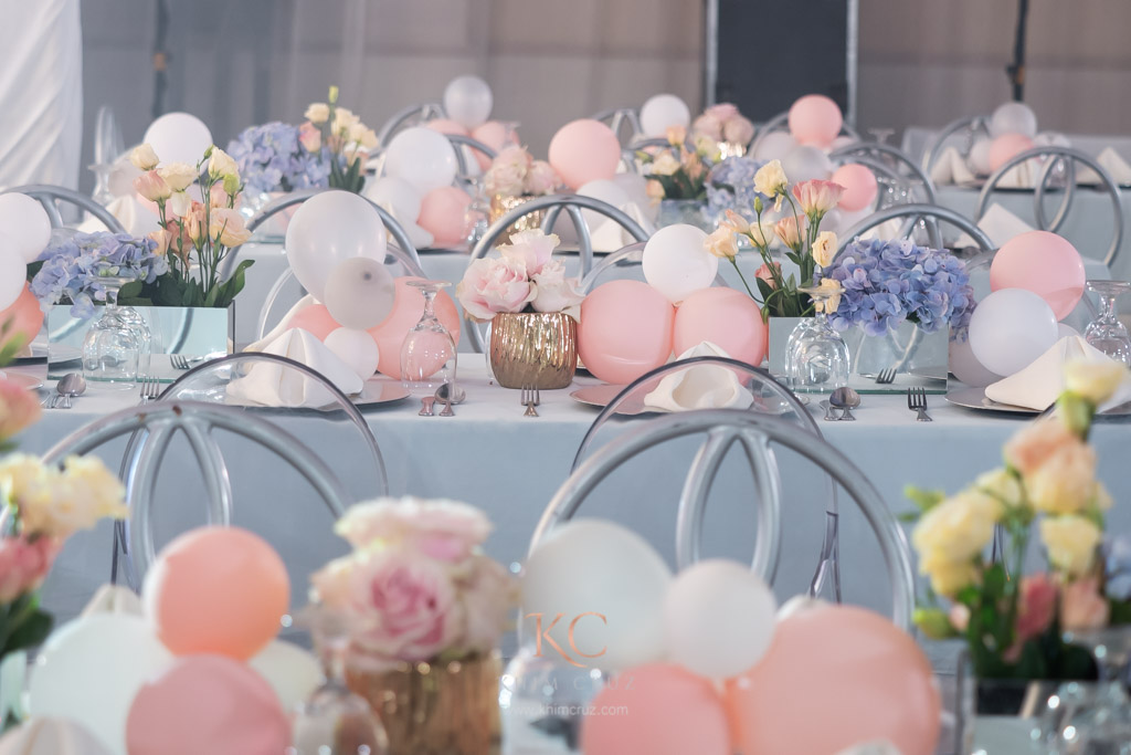 baby dio r inspired birthday guest table floral details by Khim Cruz