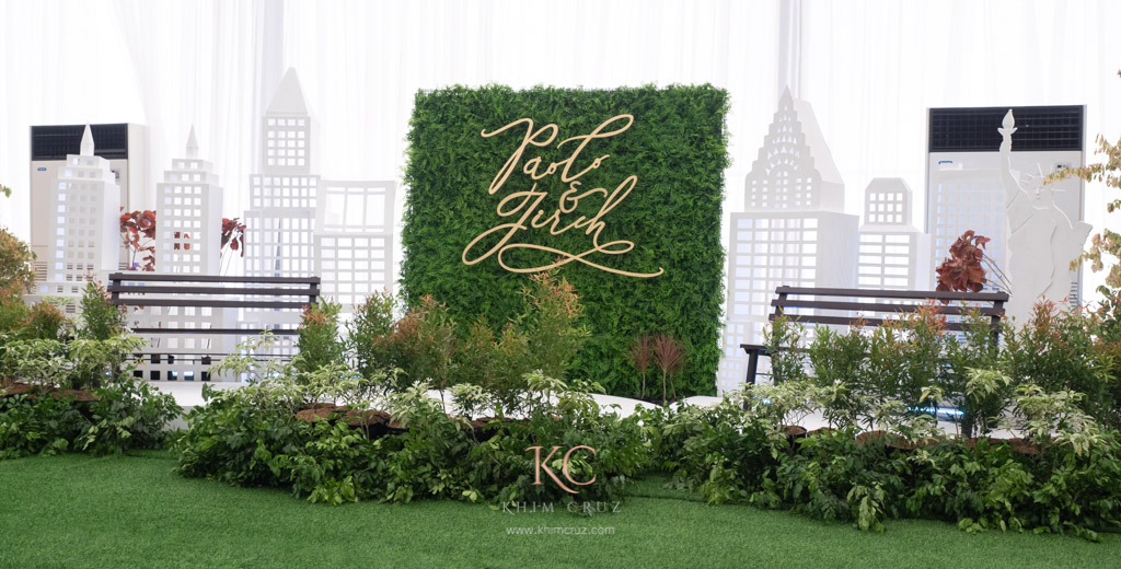 Spring season in Central Park New York inspired wedding photo wall design by Khim Cruz