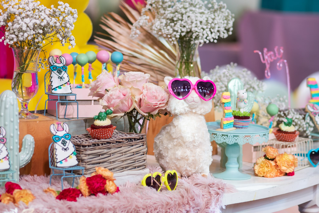 llama themed kids birthday party cupcake and cake dessert station styled by Khim Cruz