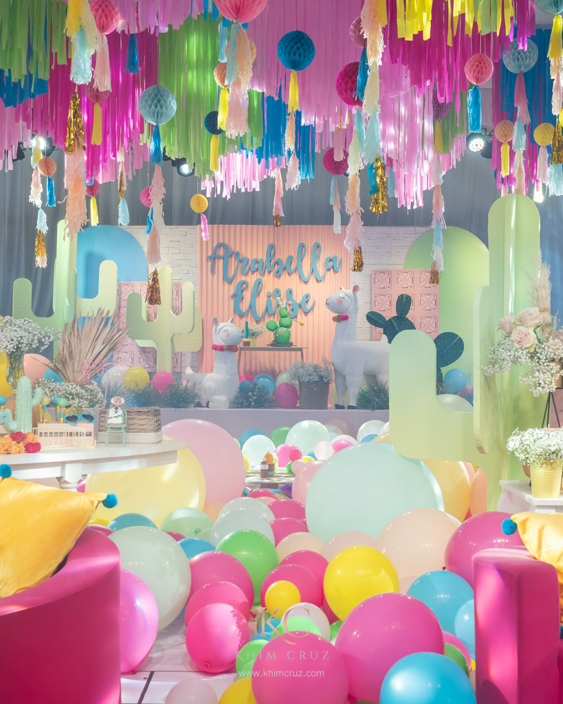 llama themed kids birthday party stage and ceiling design styled by Khim Cruz
