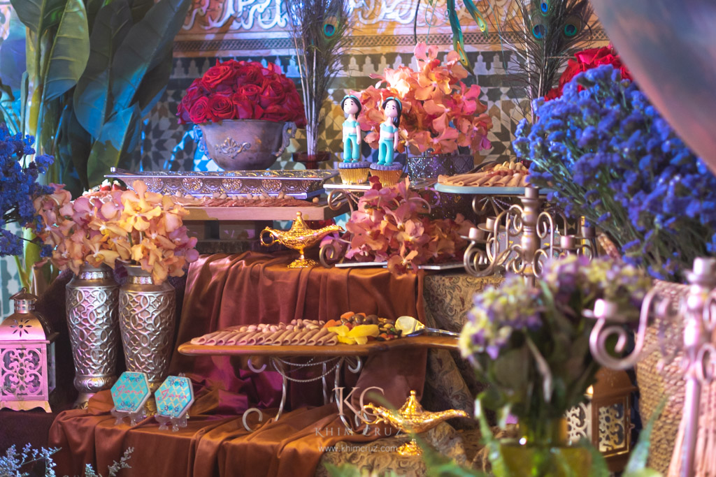 Aladdin movie themed birthday dessert spread setup by Khim Cruz