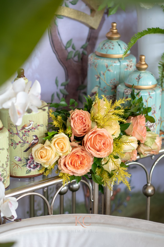 Chinoiserie themed wedding reception photowall floral details styled by Khim Cruz