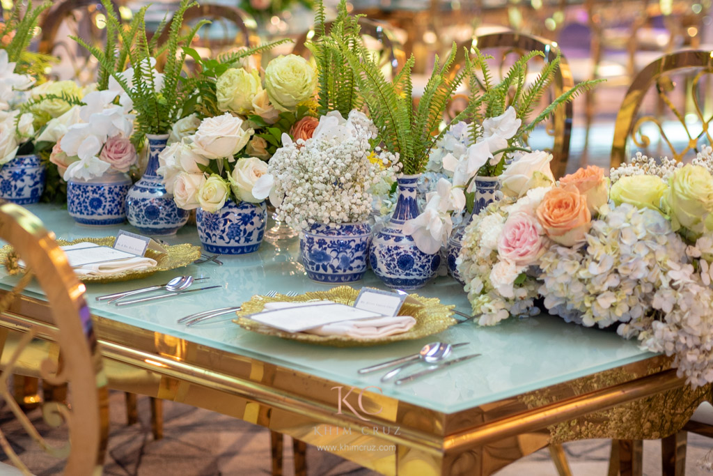 Chinoiserie themed wedding reception presidential table flowers styled by Khim Cruz