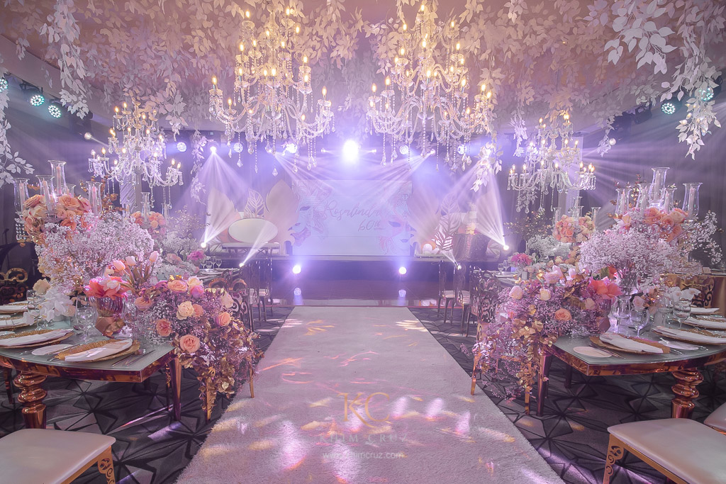 Rosalinda's masquerade themed 60th birthday head table and stage design by Khim Cruz