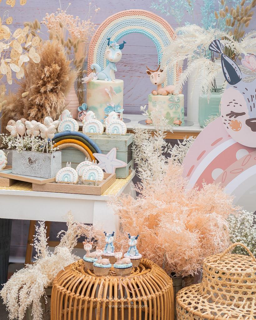 boho rainbow dessert table setup using preserved plants and flowers by Khim Cruz