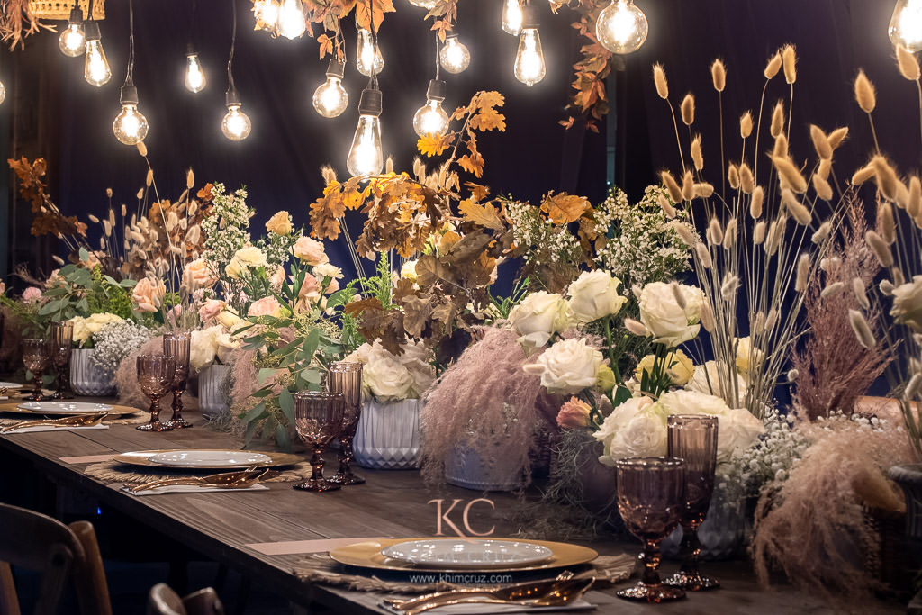 autumn boho wedding reception floral centerpieces by Khim Cruz