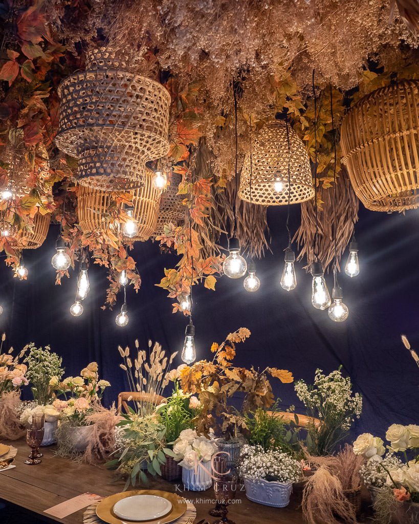 autumn boho wedding reception table floral setup by Khim Cruz