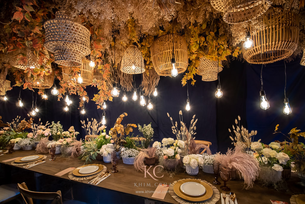 autumn boho wedding reception table setup by Khim Cruz