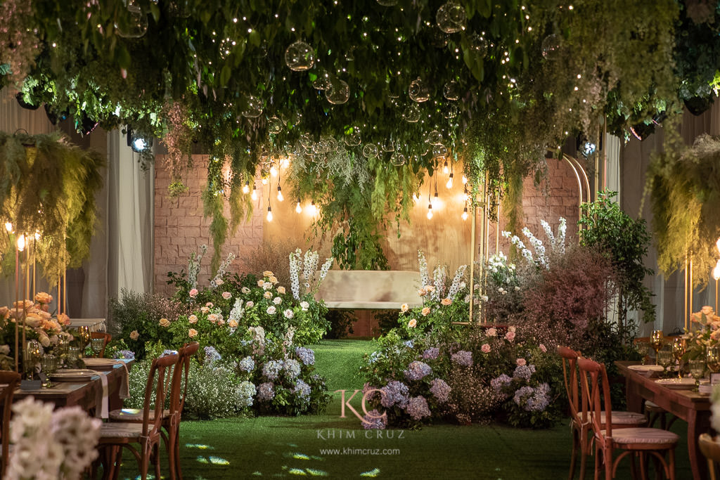 rustic garden theme wedding stage and ceiling design by Khim Cruz