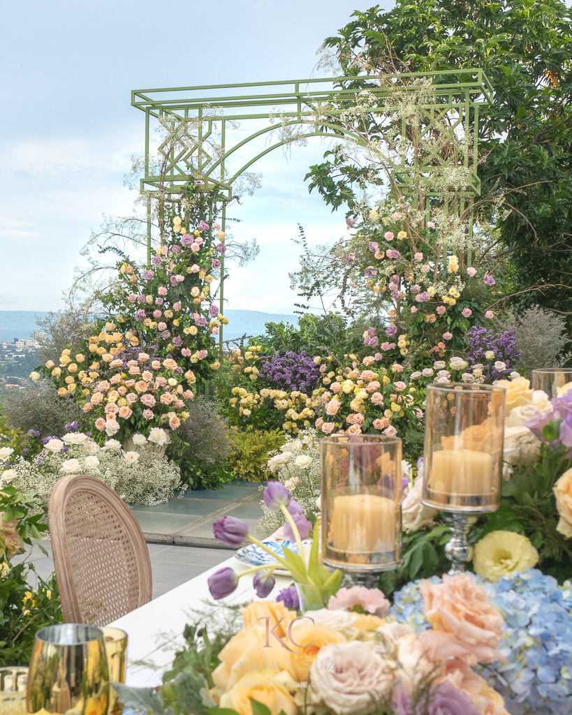 garden setup intimate wedding reception floral arch design by Khim Cruz