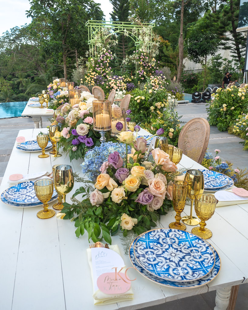 garden setup intimate wedding reception table centerpieces by Khim Cruz