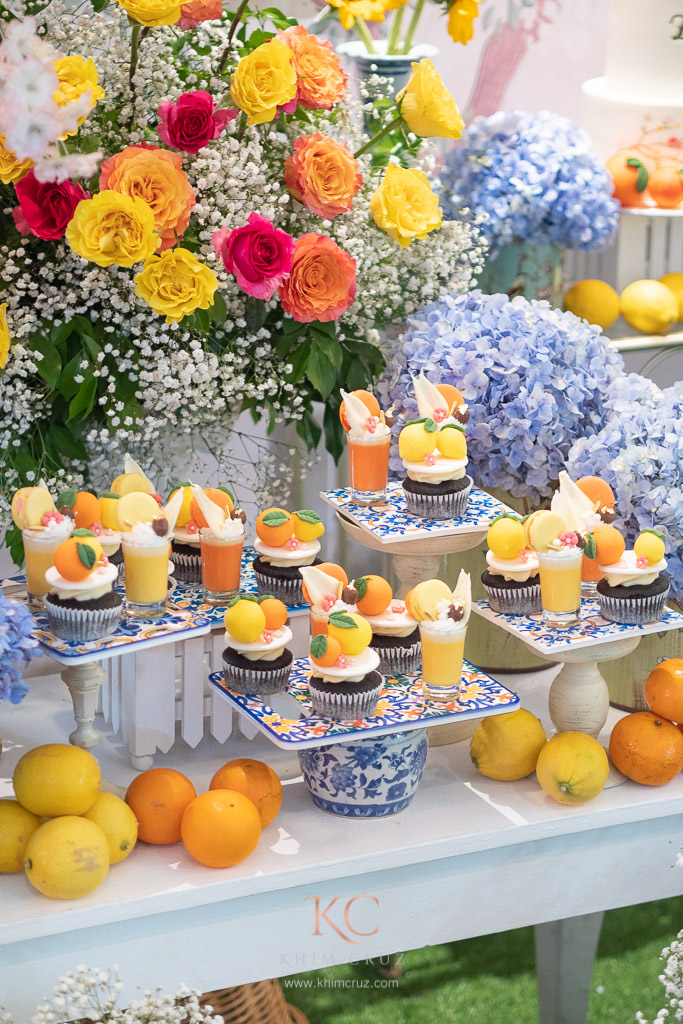 Chinoiserie lemon and orange themed party dessert table details