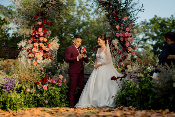 outdoor wedding ceremony floral backdrop for Tinay & Ivon by Khim Cruz