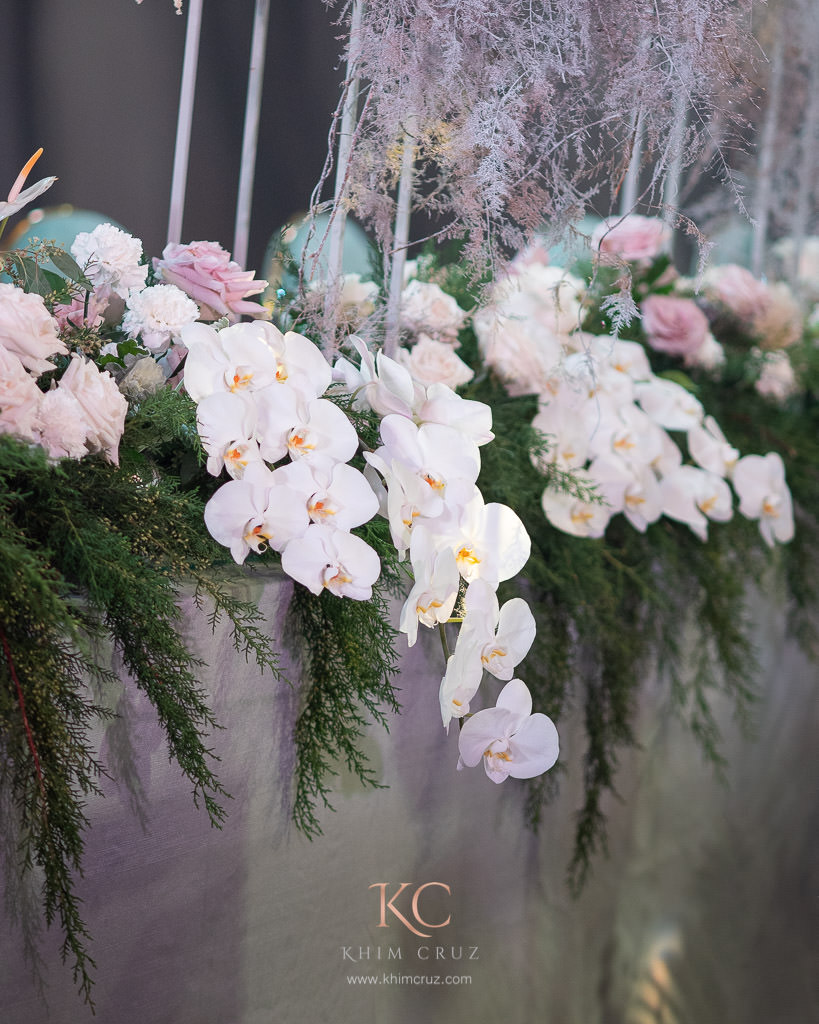 modern grey wedding reception floral design details by Khim Cruz