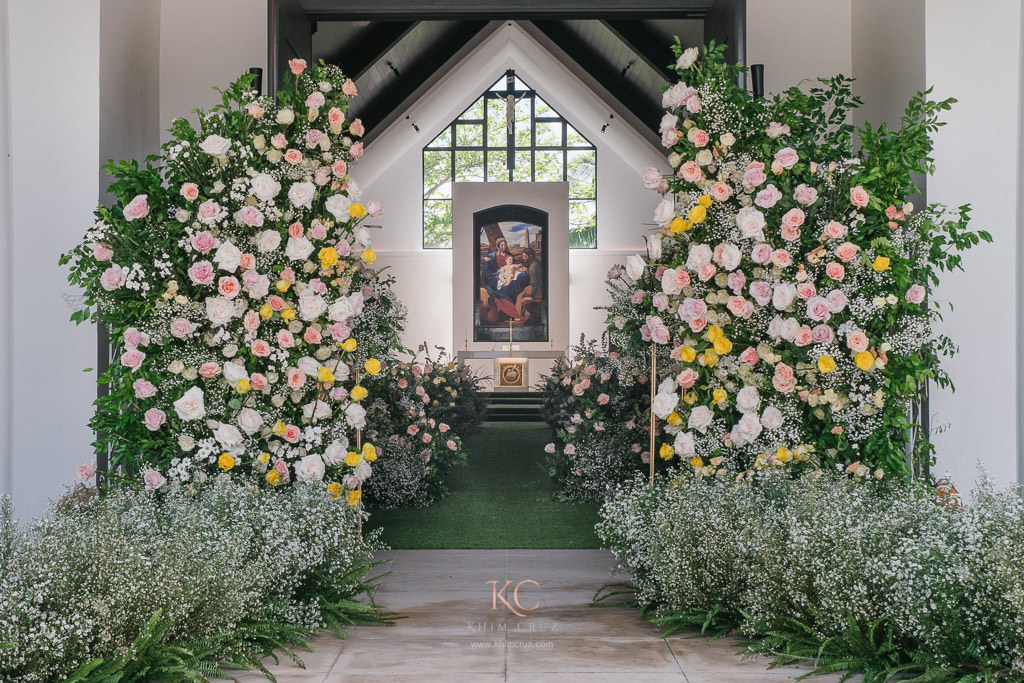 Floral garden wedding ceremony of Levi and Charlene entrance pillar styled by florist Khim Cruz