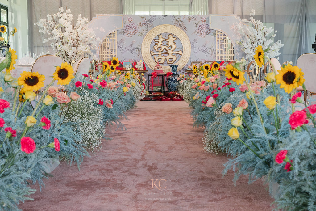 modern Chinoiserie Tinghun Chinese Engagement for Levi and Charlene floral walkway by Khim Cruz