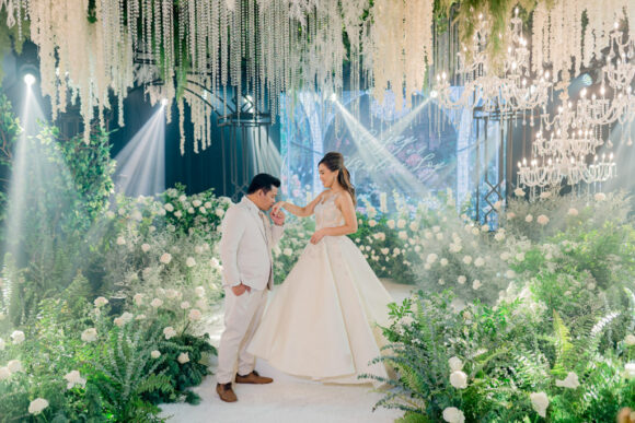 florals and lush greens rustic elegance wedding of Ceejay and Christine couple on stage by Khim Cruz