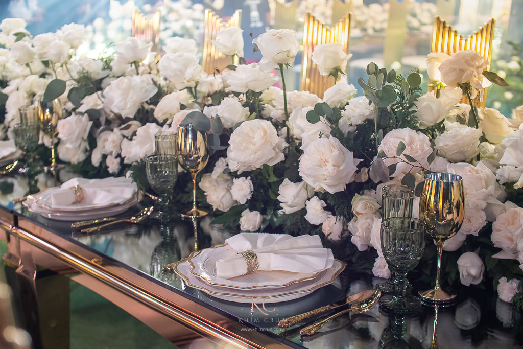 florals and lush greens rustic elegance wedding reception of Ceejay and Christine head table setting by Khim Cruz