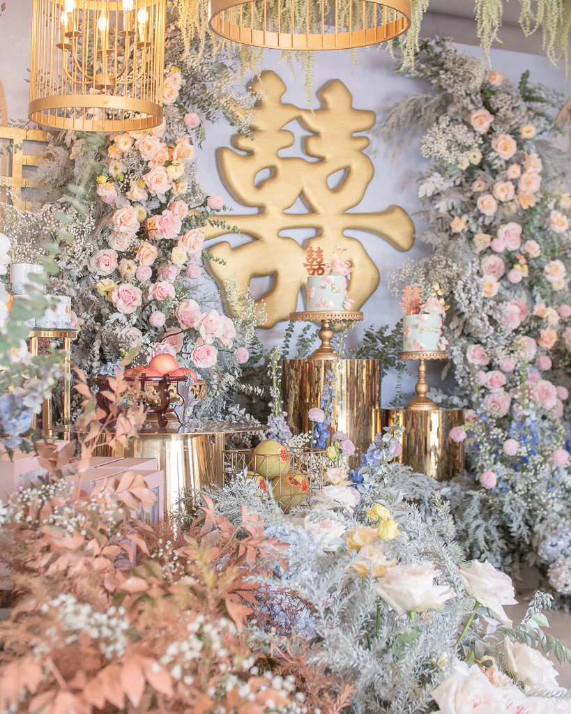 Chinese engagement Tinghun of EJ & Jaira floral arch with double happiness backdrop by Khim Cruz