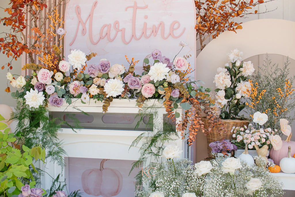 dainty pumpkin themed birthday photoshoot floral backdrop designed by Khim Cruz