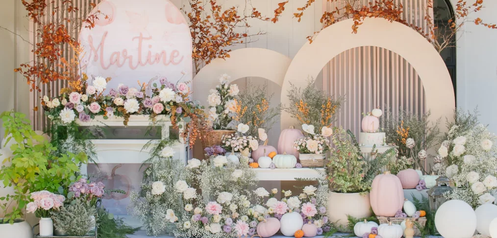 dainty pumpkin themed birthday setup designed by Khim Cruz