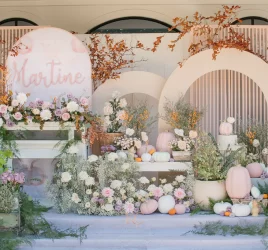 dainty pumpkin themed birthday setup designed by Khim Cruz