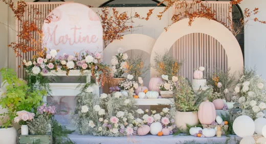 dainty pumpkin themed birthday setup designed by Khim Cruz