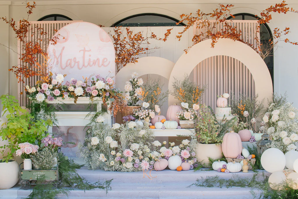 dainty pumpkin themed birthday setup designed by Khim Cruz