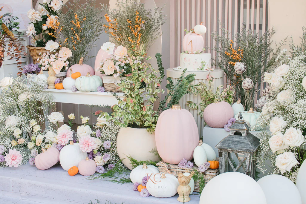 dainty pumpkin themed birthday setup styled by Khim Cruz