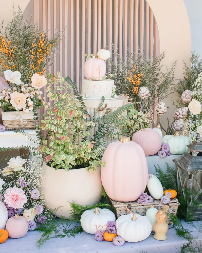 dainty pumpkin themed birthday setup with cake by Khim Cruz