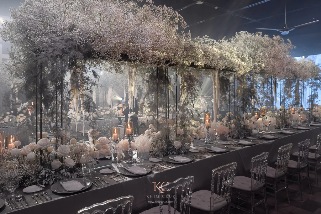 modern contemporary with a touch of black and gypsophila wedding reception for Bong and Charmaine designed by Khim Cruz