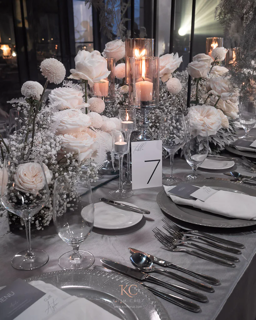 modern contemporary with a touch of black and gypsophila wedding reception for Bong and Charmaine table florals by event stylist Khim Cruz