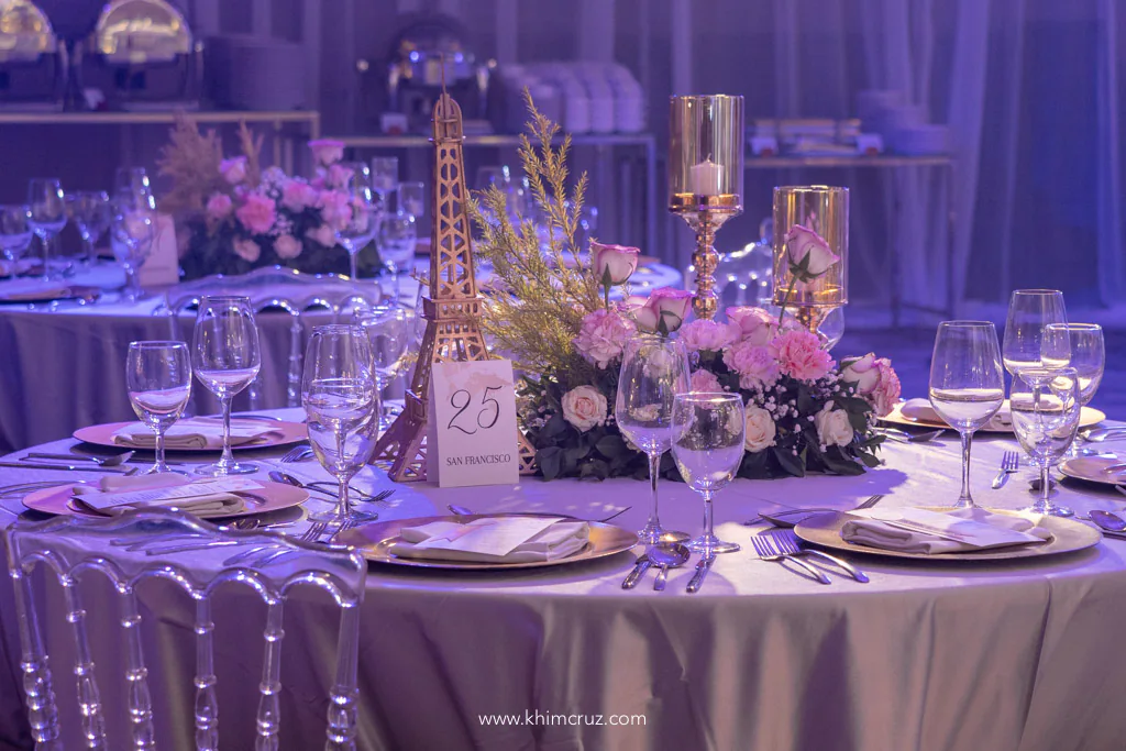 a sophisticated travel themed wedding reception for Anthony and Myka guest tables floral centerpieces with travel landmark icons