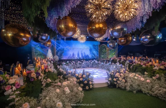 chic forest themed wedding reception with stage floral design and ceiling works for Christian and Jillian by Khim Cruz