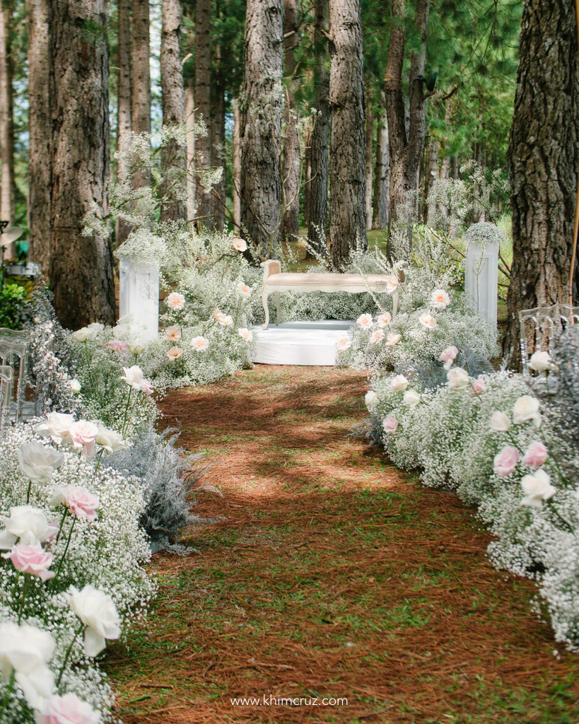 forest theme wedding ceremony twilight feel with pine trees on the background for Christian and Jillian